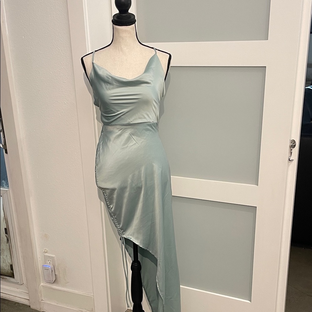 Hello Molly Asymmetrical Satin Dress in Mint